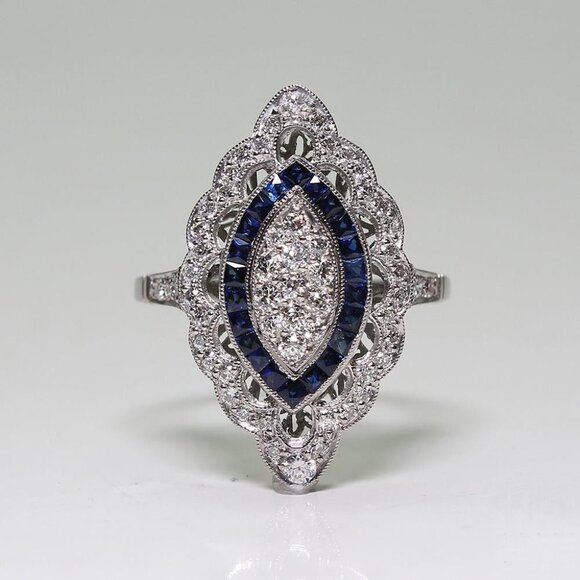 Jewelry - Antique Edwardian 925 Silver Cubic Zirconia Sapphire Ring